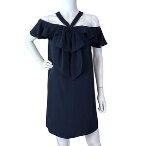 New Jay Godfrey Off Shoulder Ruffle Bow Cocktail Dress Navy Blue Size 2